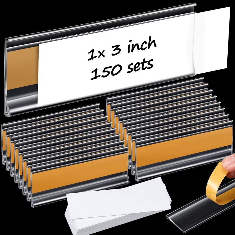 Yexiya 3 x 1 Inch Self Adhesive Label Holders with Paper Label Inserts Clear Shelf Tag Label Holders Plastic Price Tag Holder for Supermarket School Library Bookshelves Mailbox Storage Bins (150 Pieces) - Image 1